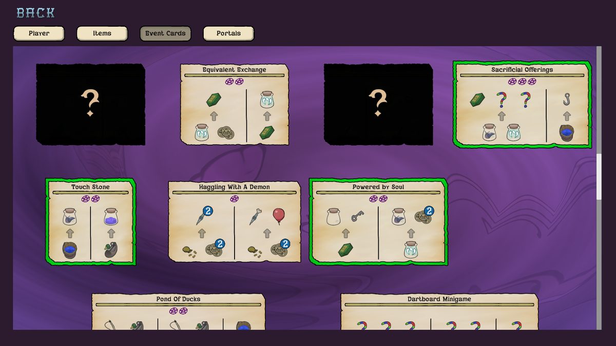 The in-game archive of event cards, such as Haggling With A Demon and Sacrificial Offerings