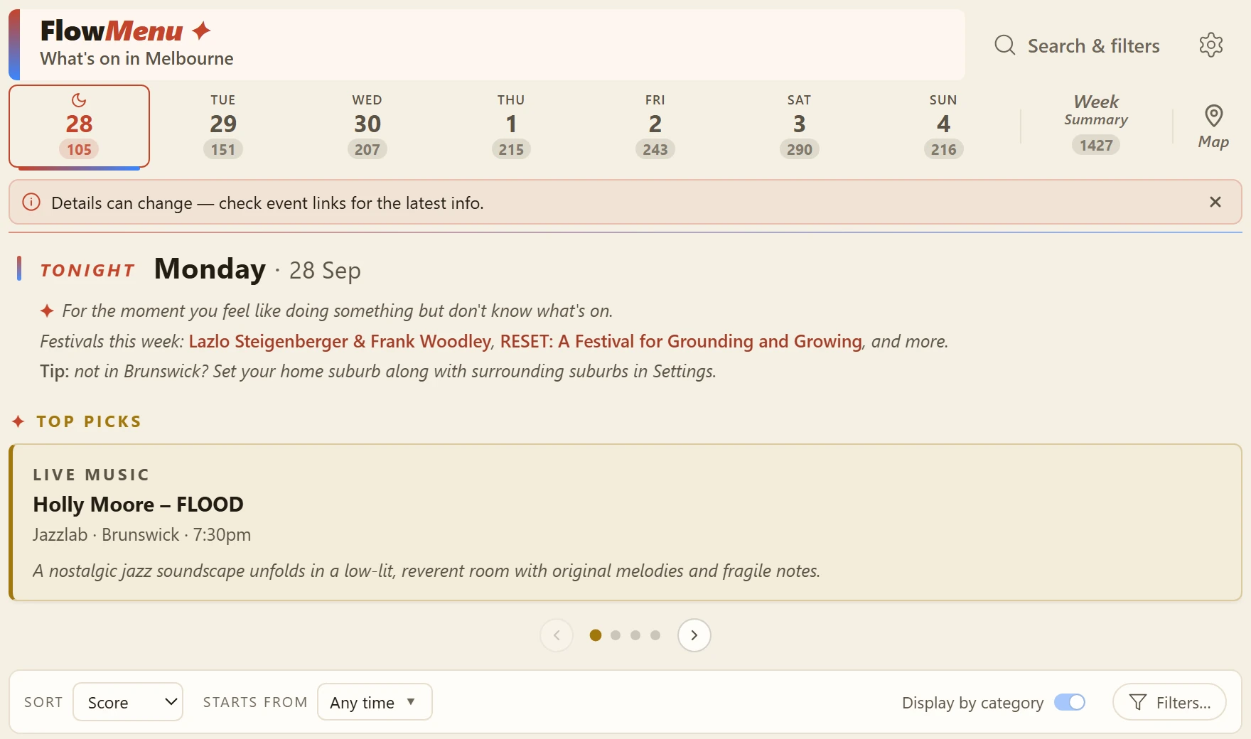 The FlowMenu website showing tonight's top picks
