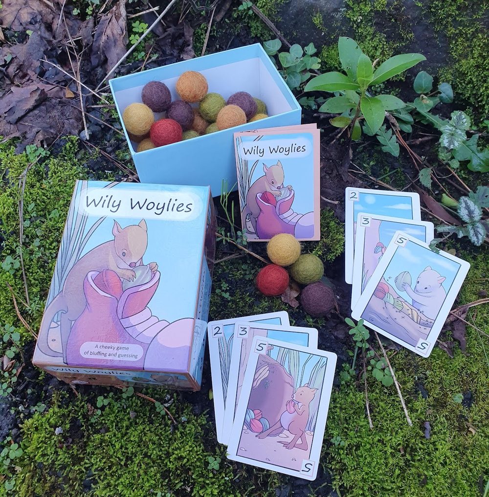 The Wily Woylies box, cards and felt nut tokens
